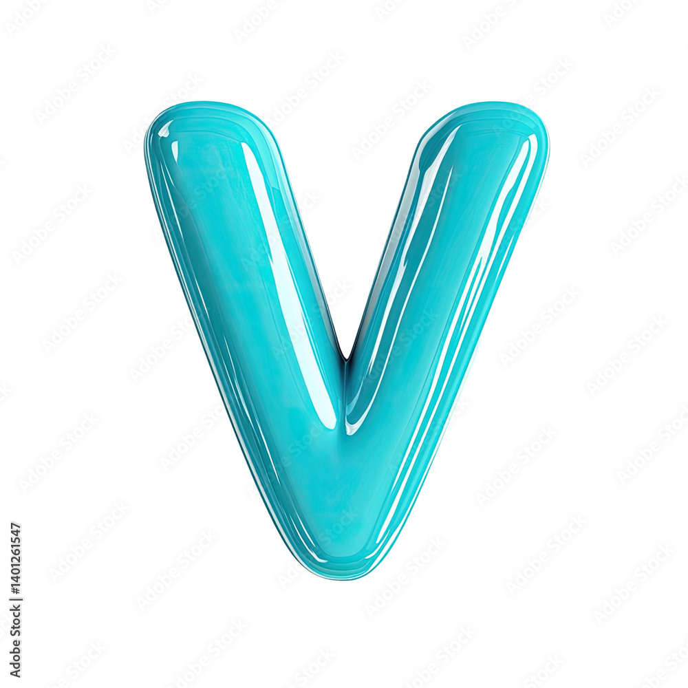 Isolated turquoise glossy letter V floating against a transparent background showcasing vibrant color and dimensional design Isolated turquoise glossy letter V floating against a transparent background showcasing vibrant color and dimensional design