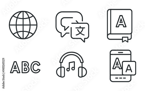 Language learning icons featuring globe, chat, book, alphabet, music, smartphone.