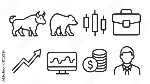 Bull and bear symbols with graphs and business icons in line art style.