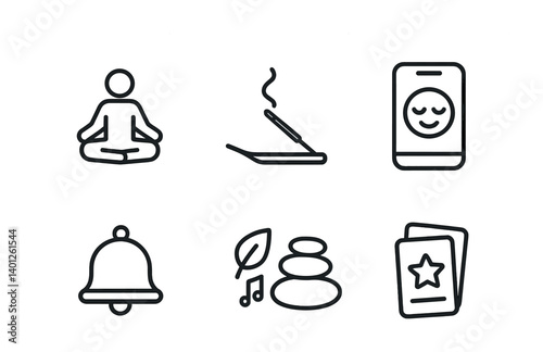Wellness symbols collection: meditation, aromatherapy, technology relaxation, alert, harmony, travel icons.