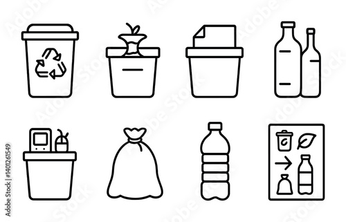 Recycling and waste management icons: bins, bottles, paper, organic, plastic, sorting.