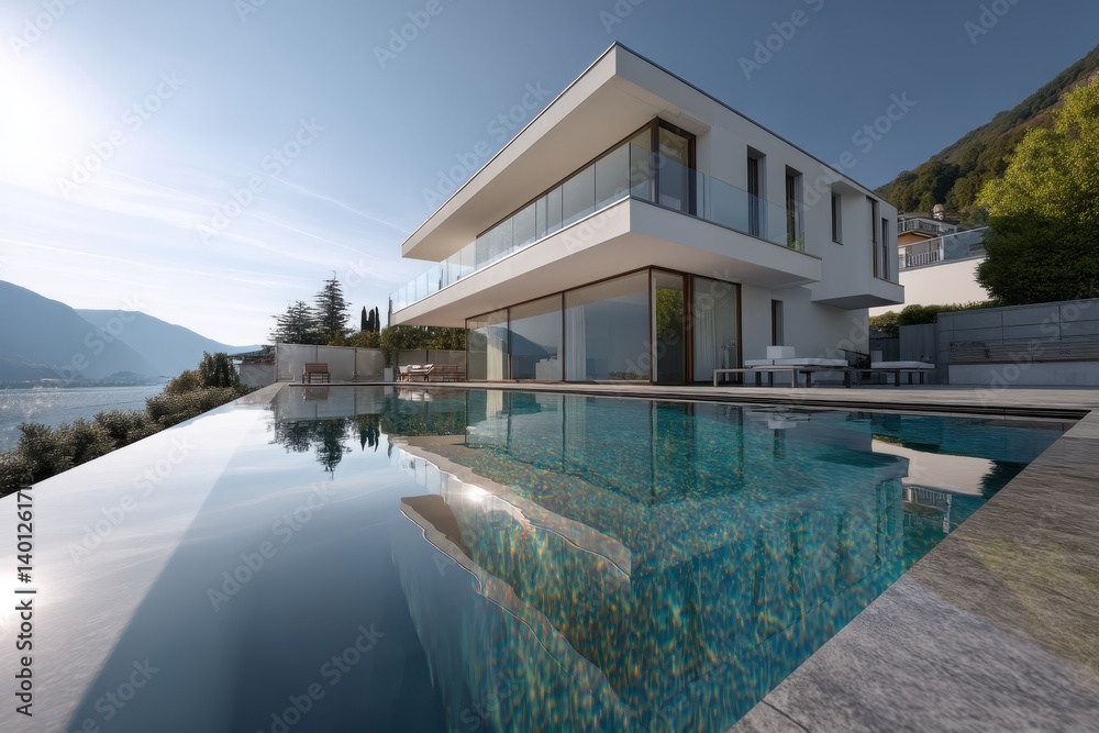 Fototapeta premium Modern luxury villa with infinity pool reflects serene mountain landscape under clear blue skies.