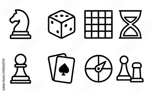 Variety of game icons featuring chess pieces and cards in black and white.