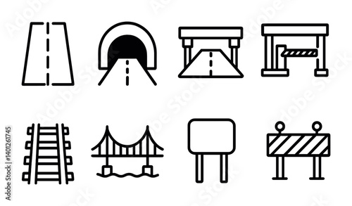 Simple transportation icons: road, tunnel, bridge, train, sign.