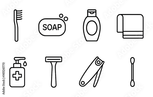 Essential bathroom icons: toothbrush, soap, shampoo, towel, sanitizer, razor, clippers, cotton swab.