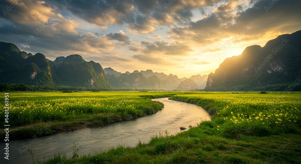Obraz premium Scenic River Flowing through Green Meadow at Sunset with Mountain Backdrop