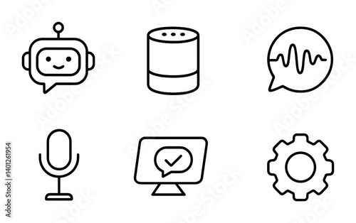 Voice assistant icons: chatbot, speaker, microphone, settings gear, sound wave, monitor.