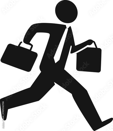 Black Silhouette of a Businessperson in Motion, Holding Two Briefcases While Running