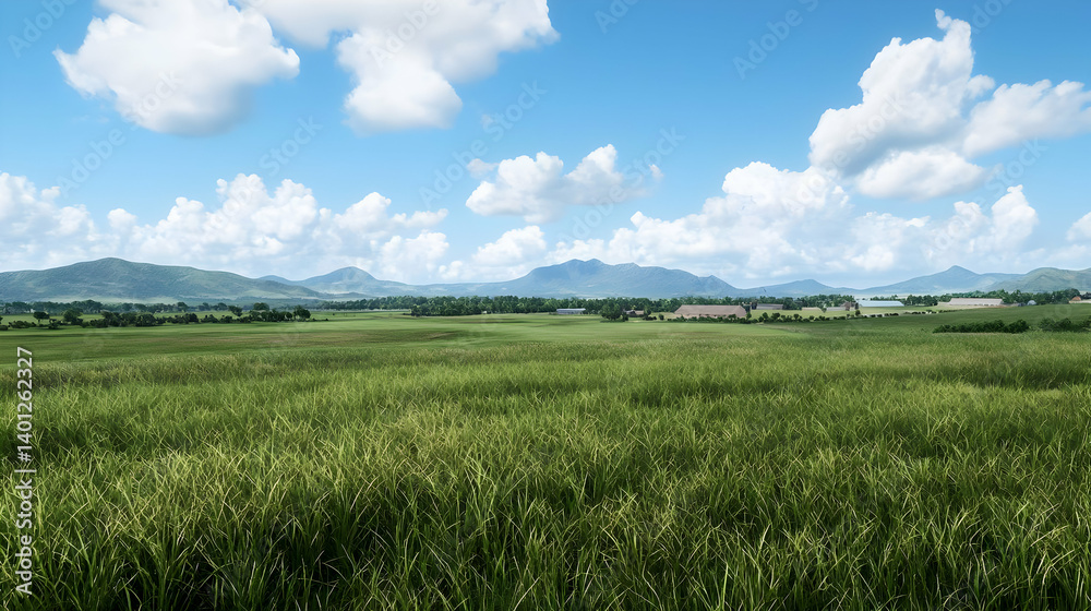 Fototapeta premium Wide Green Field Under Sunny Blue Sky