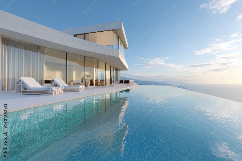 Fototapeta premium Luxurious modern villa with infinity pool overlooking the ocean under a clear blue sky.