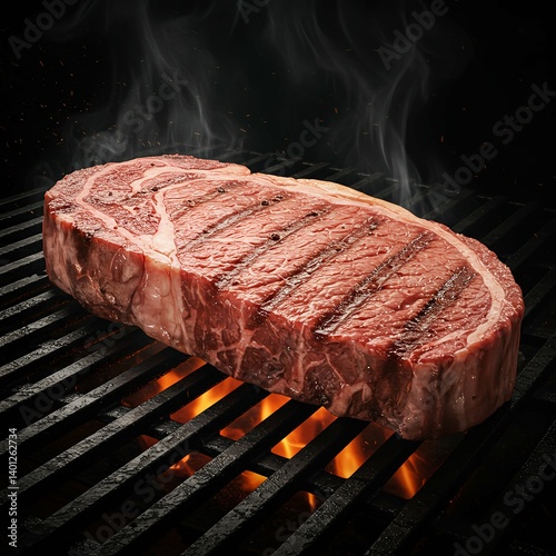 Grilling Ribeye Steak on Barbecue with Flames and Smoke for Dinner