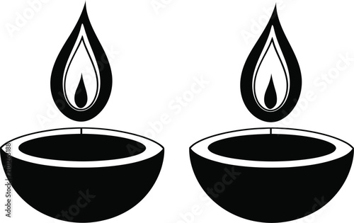 Black and White Illustration of Two Traditional Oil Lamps ("Diyas") with Elegant Flames, Positioned Side by Side in a Symmetrical Design