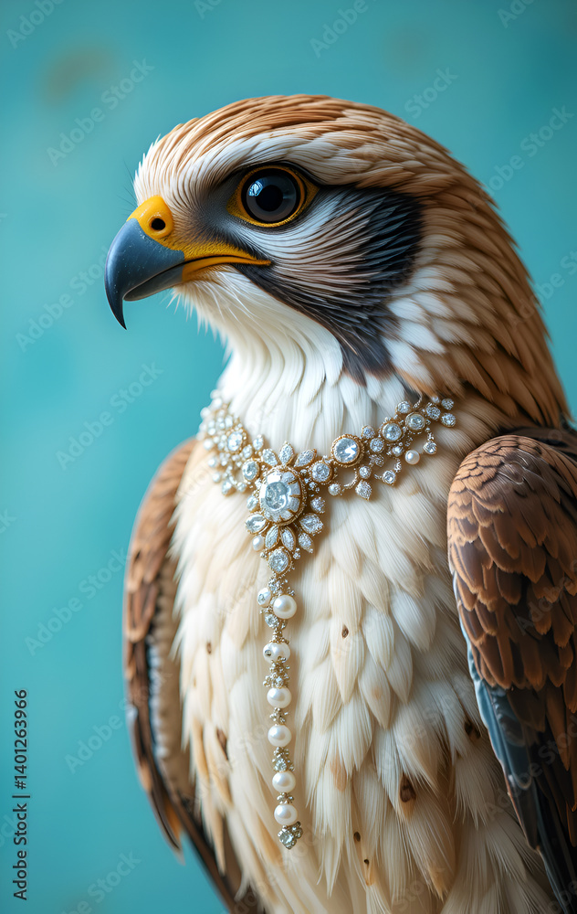 beautiful hawk in diamond precious necklace against blue background. Digital art. Ai generated