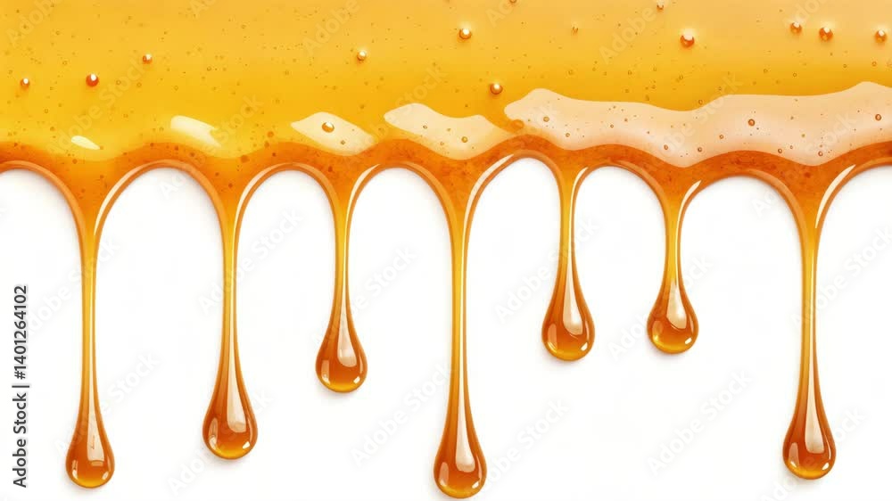 Seamless dripping caramel droplets flowing down liquid sweet sauce on clean white background. Close-up macro shot flowing yellow orange tasty syrup drip. Confectionery, cooking dessert and candies