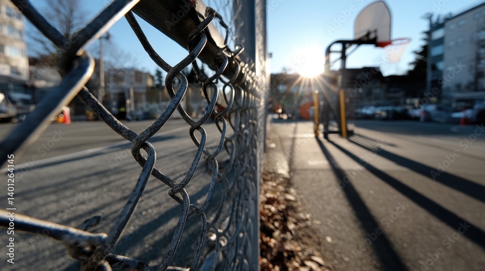 Urban basketball court with chain-link fence and sunlit background at dusk
