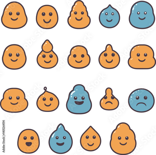 Set of Eighteen Colorful Cartoon Faces in Blue and Orange, Each Displaying a Unique Expression, Arranged in a 3x6 Grid