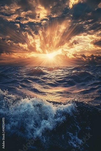 Tranquil sunset over the sea with rays piercing through clouds above dark, serene waters