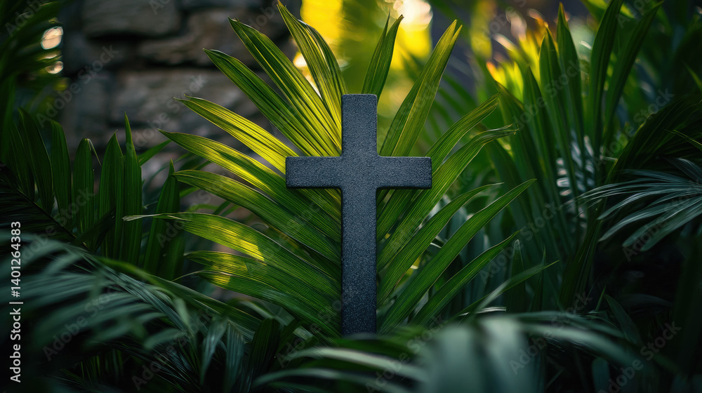 Christian cross among palm leaves on blurred background, Palm Sunday, Christianity, religious holiday, Easter, Catholicism