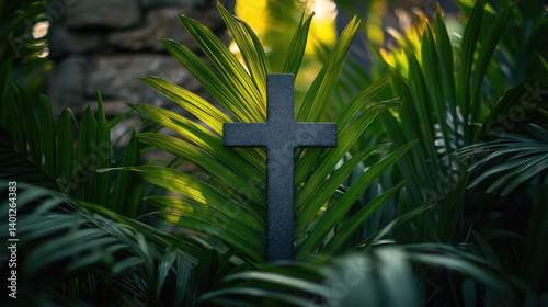 Obraz na płótnie Christian cross among palm leaves on blurred background, Palm Sunday, Christianity, religious holiday, Easter, Catholicism w salonie