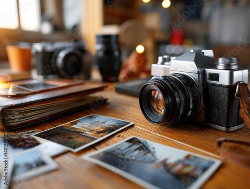 Vintage Film Camera and Photos on a Wooden Table in Warm Light