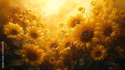 A serene time-lapse of a sunflower field at golden hour, capturing the gra