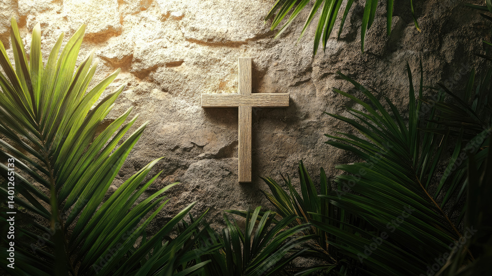 Christian cross among palm leaves on blurred background, Palm Sunday, Christianity, religious holiday, Easter, Catholicism