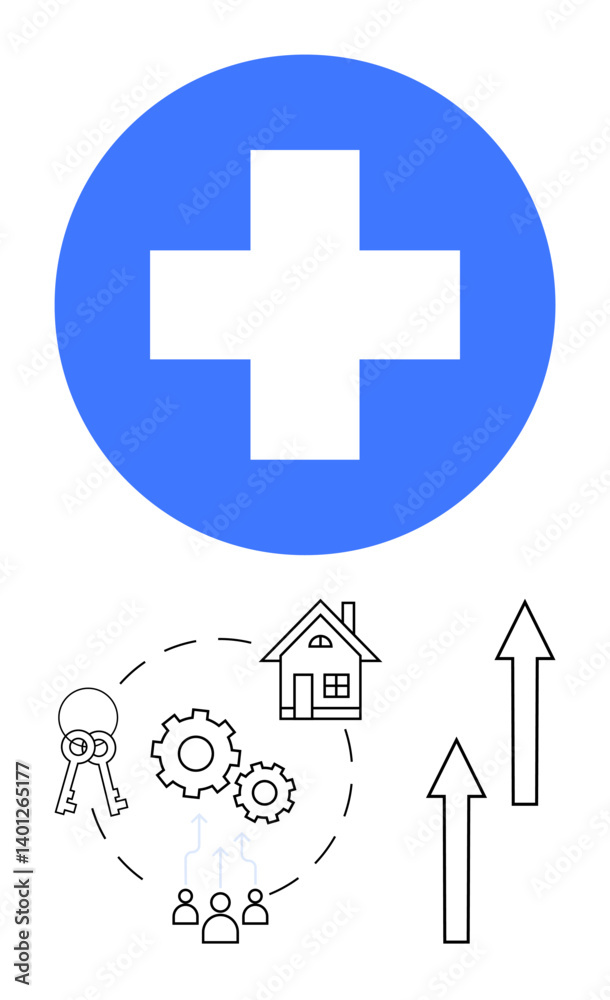 Obraz premium Blue medical cross above house, gears, and keys symbolizing healthcare, teamwork, and housing, with upward arrows for growth. Ideal for healthcare, real estate, progress teamwork development