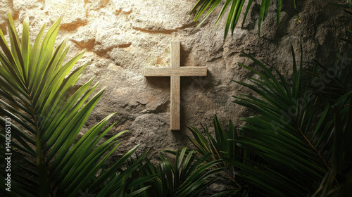 Obraz na płótnie Christian cross among palm leaves on blurred background, Palm Sunday, Christianity, religious holiday, Easter, Catholicism w salonie