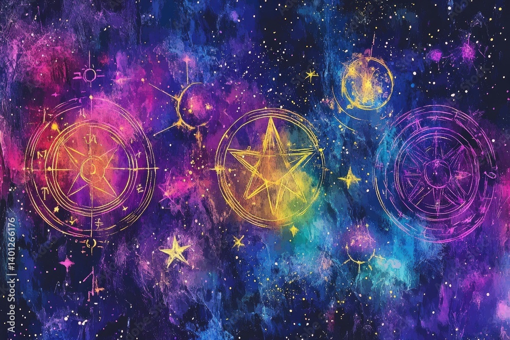 Vibrant watercolor zodiac symbols on a textured galaxy background