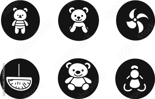 Set of Six Circular Icons Featuring Different Designs, Including Three Teddy Bears, a Fan, a Watermelon Slice, and a Baby Rattle