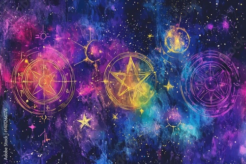 Obraz na płótnie Vibrant watercolor zodiac symbols on a textured galaxy background w salonie