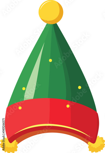 Festive Green Elf Hat with a Red Band and Yellow Pom-Poms, Decorated with Small Yellow Dots