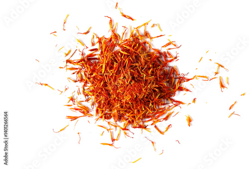 Fototapeta Naklejka Na Ścianę i Meble -  Safflower dry petals, exotic spice isolated on white, top view