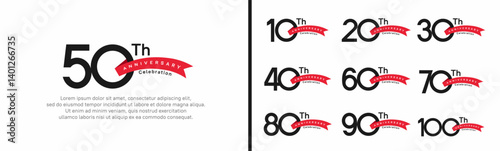 set of anniversary logo style red ribbon. vector design black color for celebration