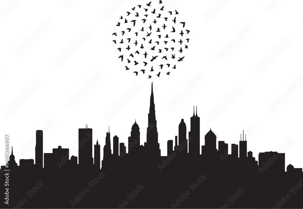 Fototapeta premium city skyline with birds in heart shape silhouette 