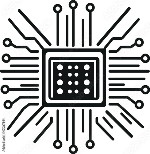 Black and White Silhouette of a Microchip with Circuit-like Connections Extending Outward from Its Square Core