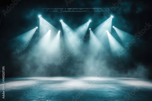 Empty stage under spotlights, creating a mysterious ambiance. Soft lighting and dark background enhance depth and drama in this digital illustration.