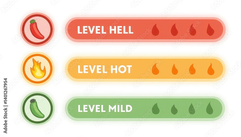 Obraz premium Chili Pepper Heat Level Indicator: Mild, Hot, Hell