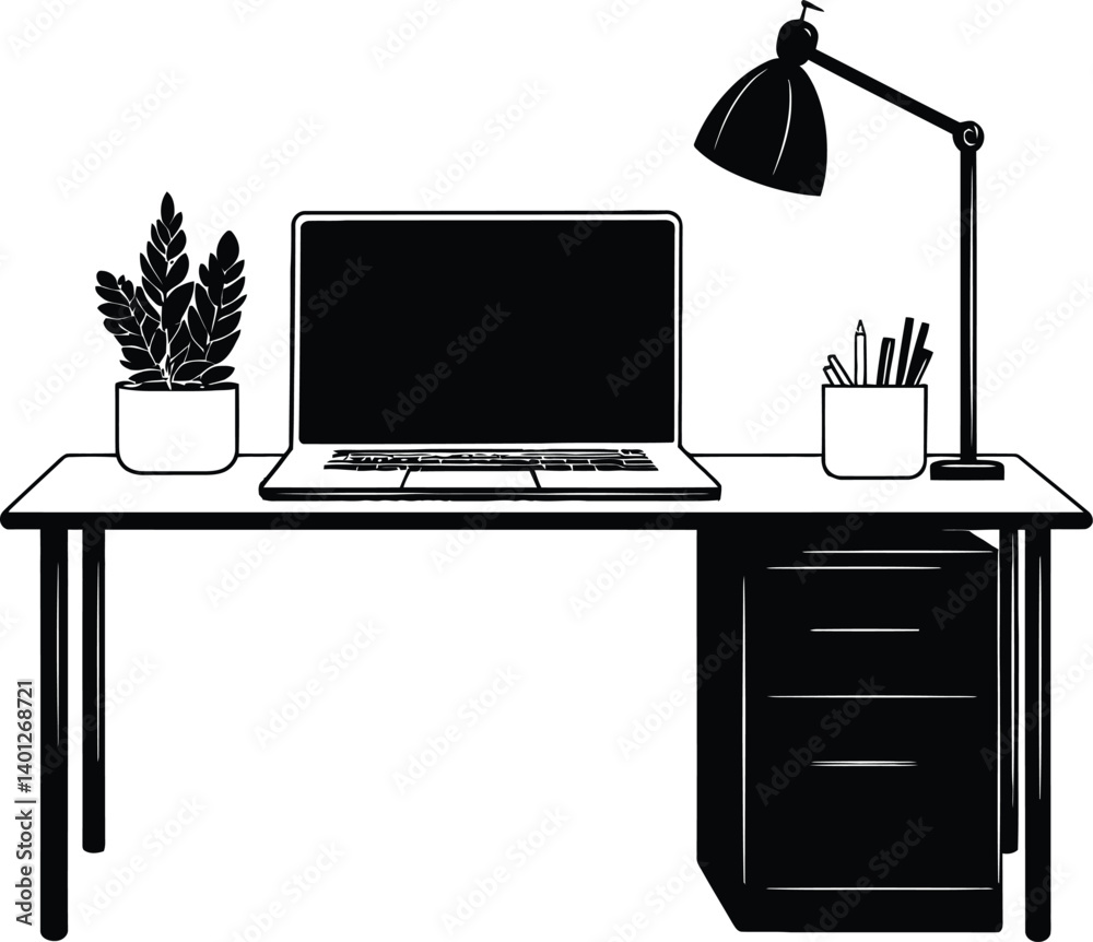 desk and lMinimalist Silhouette of a Desk Setup Featuring a Laptop, Potted Plant, Writing Utensil Holder, and Desk Lampamp desk and lMinimalist Silhouette of a Desk Setup Featuring a Laptop, Potted Plant, Writing Utensil Holder, and Desk Lampamp