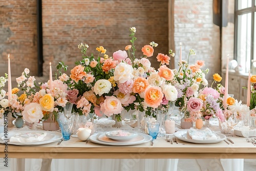 Easter Brunch Table with Pastel-Colored Decorations photo