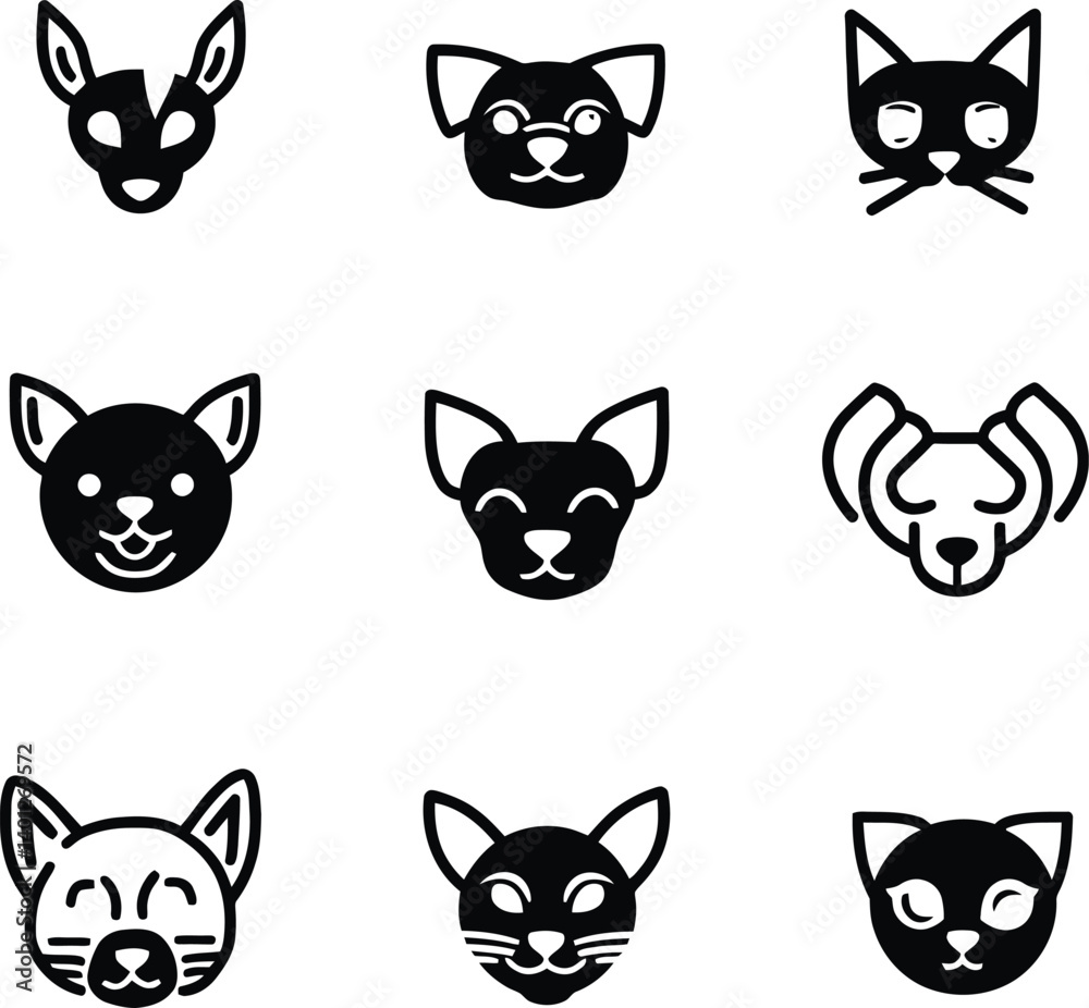 dog and caSet of Nine Black and White Animal Face Icons Arranged in a 3x3 Grid, Featuring Stylized Cats and Dogs with Unique Expressionst icon 2 [Converted]