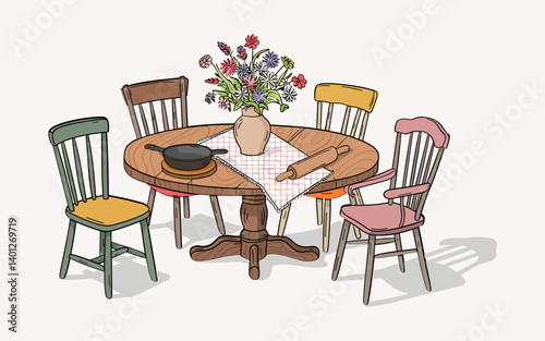 Beautiful hand drawn whimsical style farmhouse kitchen items, white background, vector illustration 