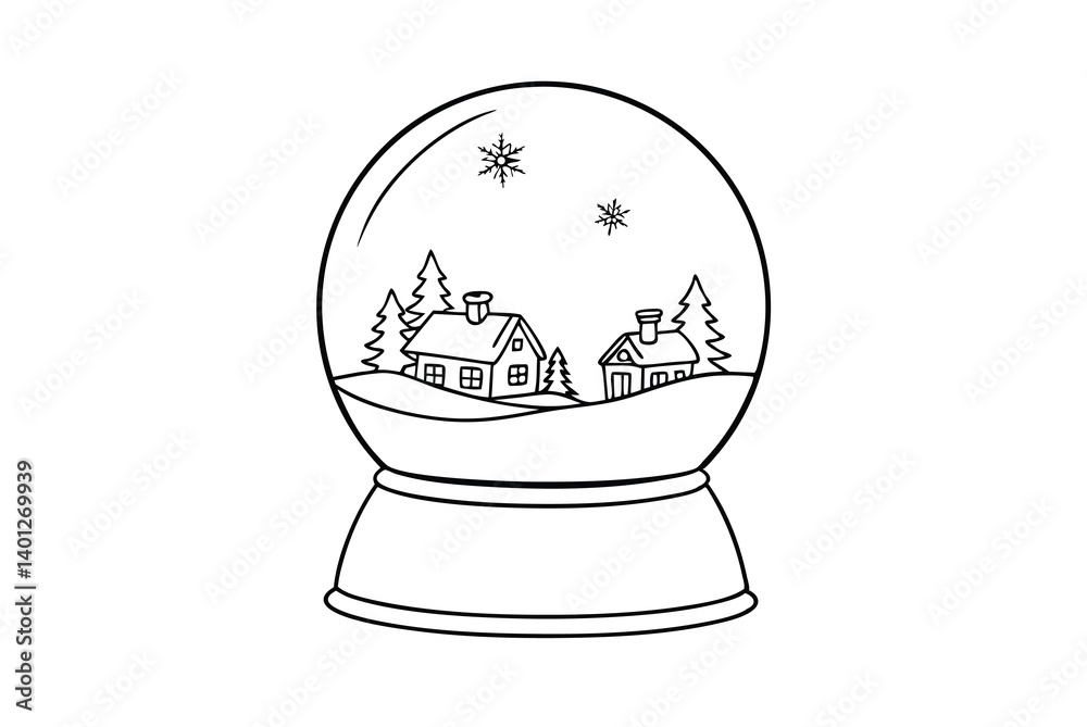Fototapeta premium Hand Drawn Winter Village Inside A Snow Globe Line Art Illustration