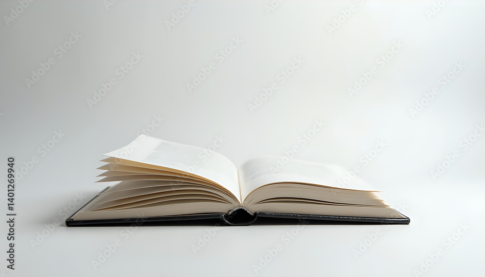 An open book on a white surface with a white background. An open book on a white surface with a white background.