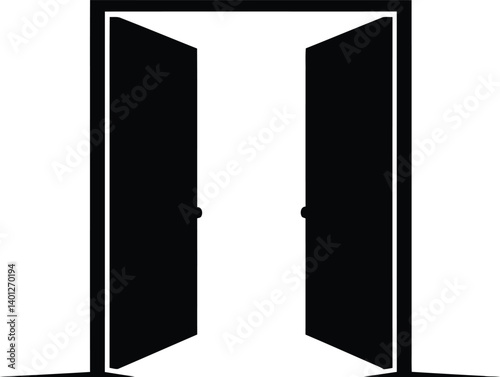 Minimalist Black Silhouette of an Open Door with Two Panels Angled Outward, Representing Accessibility and Entry