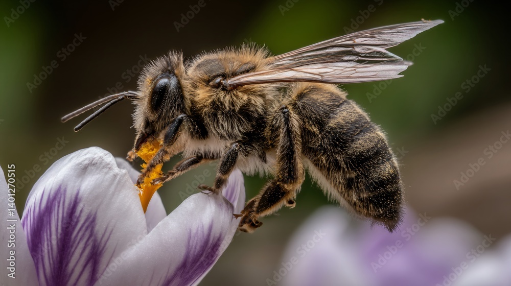 Honeybee collecting pollen from a crocus flower. Detailed close-up showcasing its fuzzy body and wing details Honeybee collecting pollen from a crocus flower. Detailed close-up showcasing its fuzzy body and wing details