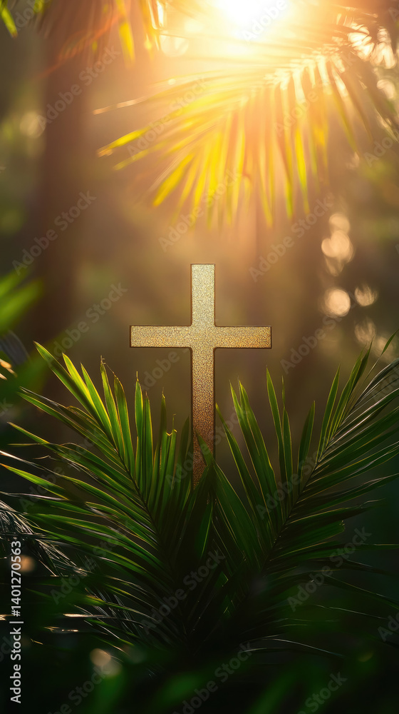 Christian cross among palm leaves on blurred background, Palm Sunday, Christianity, religious holiday, Easter, Catholicism