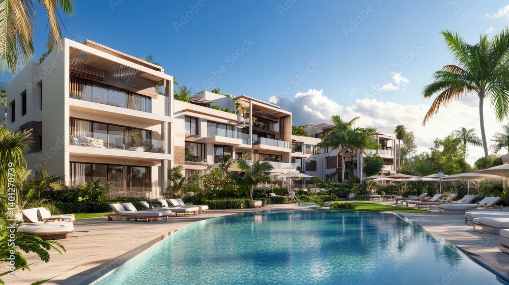 Luxury Beige Resort with Pool and Palm Trees Luxury Beige Resort with Pool and Palm Trees