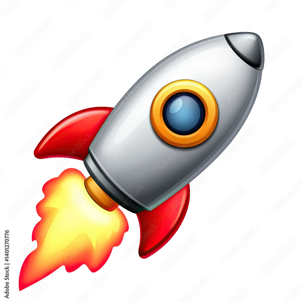 Fototapeta premium Animated illustration of a cartoon rocket ship soaring upwards with flames emitting from the engine on transparent background.