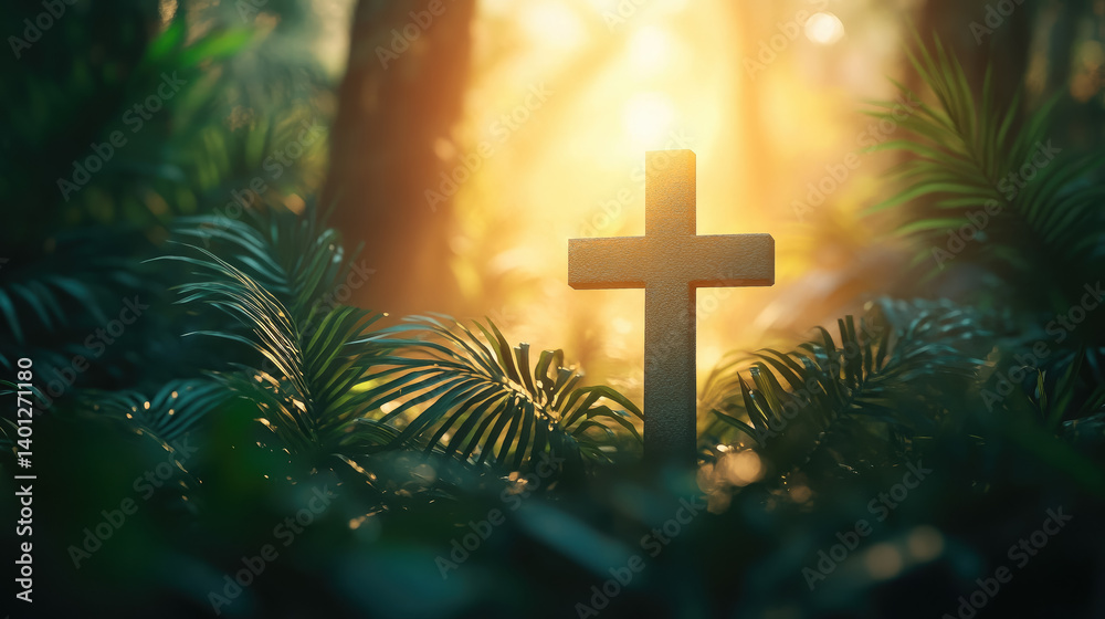 Christian cross among palm leaves on blurred background, Palm Sunday, Christianity, religious holiday, Easter, Catholicism